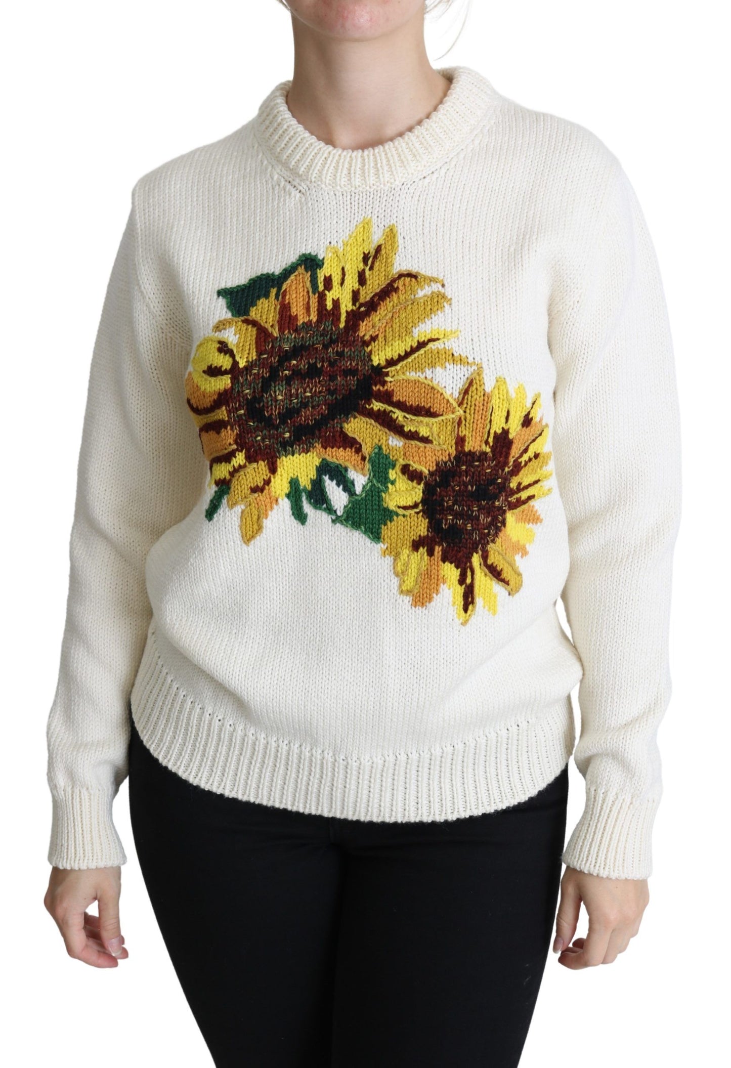Dolce &amp; Gabbana – Weißer Wollpullover mit Blumenmuster und Sonnenblumenmuster