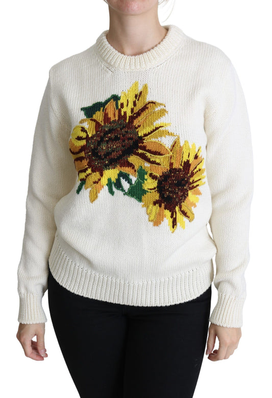 Dolce &amp; Gabbana – Weißer Wollpullover mit Blumenmuster und Sonnenblumenmuster