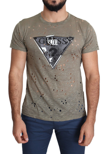 Guess – Lässiges, perforiertes T-Shirt aus Baumwollstretch mit Logo-Print für Herren in Braun