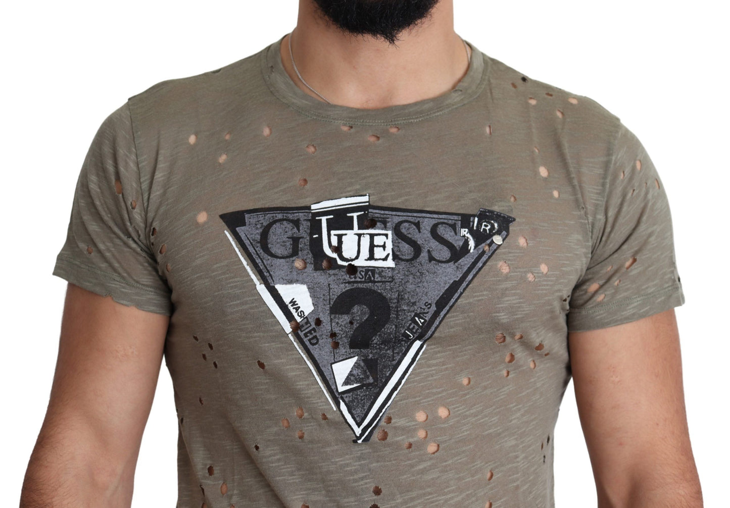 Guess – Lässiges, perforiertes T-Shirt aus Baumwollstretch mit Logo-Print für Herren in Braun