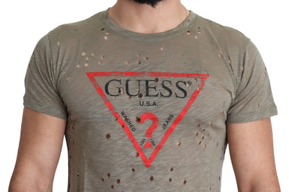 Guess – Lässiges, perforiertes T-Shirt aus Baumwollstretch mit Logo-Print für Herren in Braun