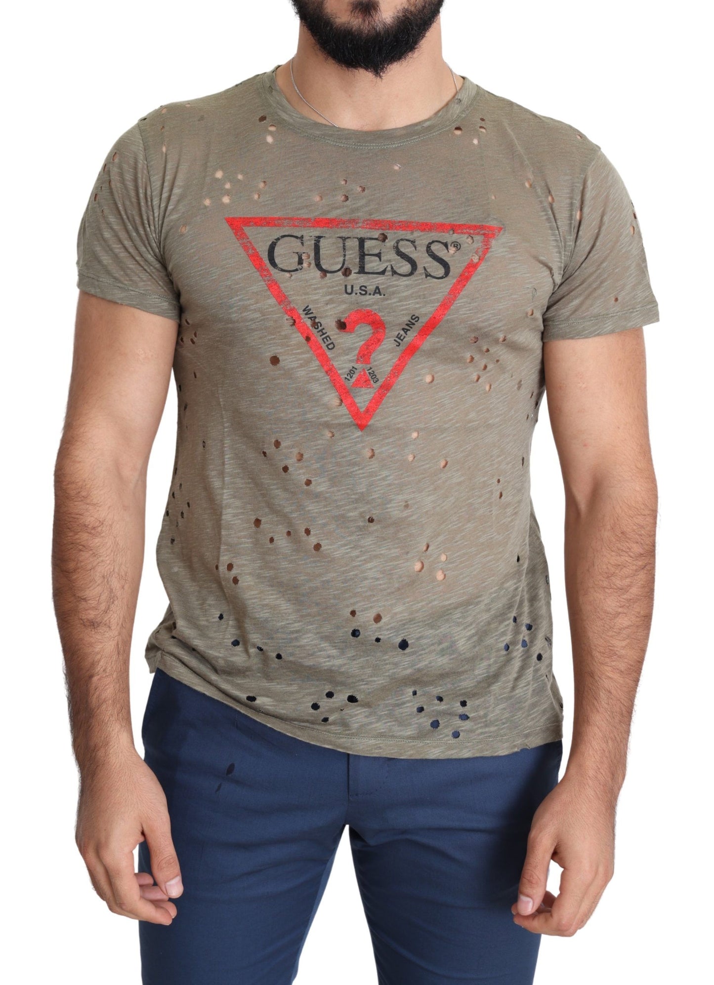 Guess – Lässiges, perforiertes T-Shirt aus Baumwollstretch mit Logo-Print für Herren in Braun