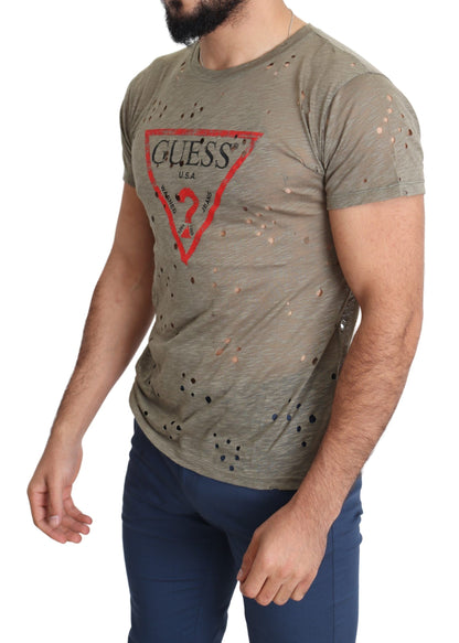 Guess – Lässiges, perforiertes T-Shirt aus Baumwollstretch mit Logo-Print für Herren in Braun
