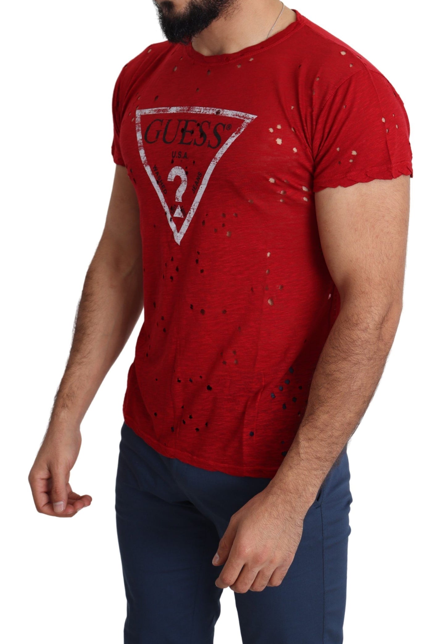 Guess – Rotes, perforiertes T-Shirt aus Baumwolle mit Logo-Print für Herren