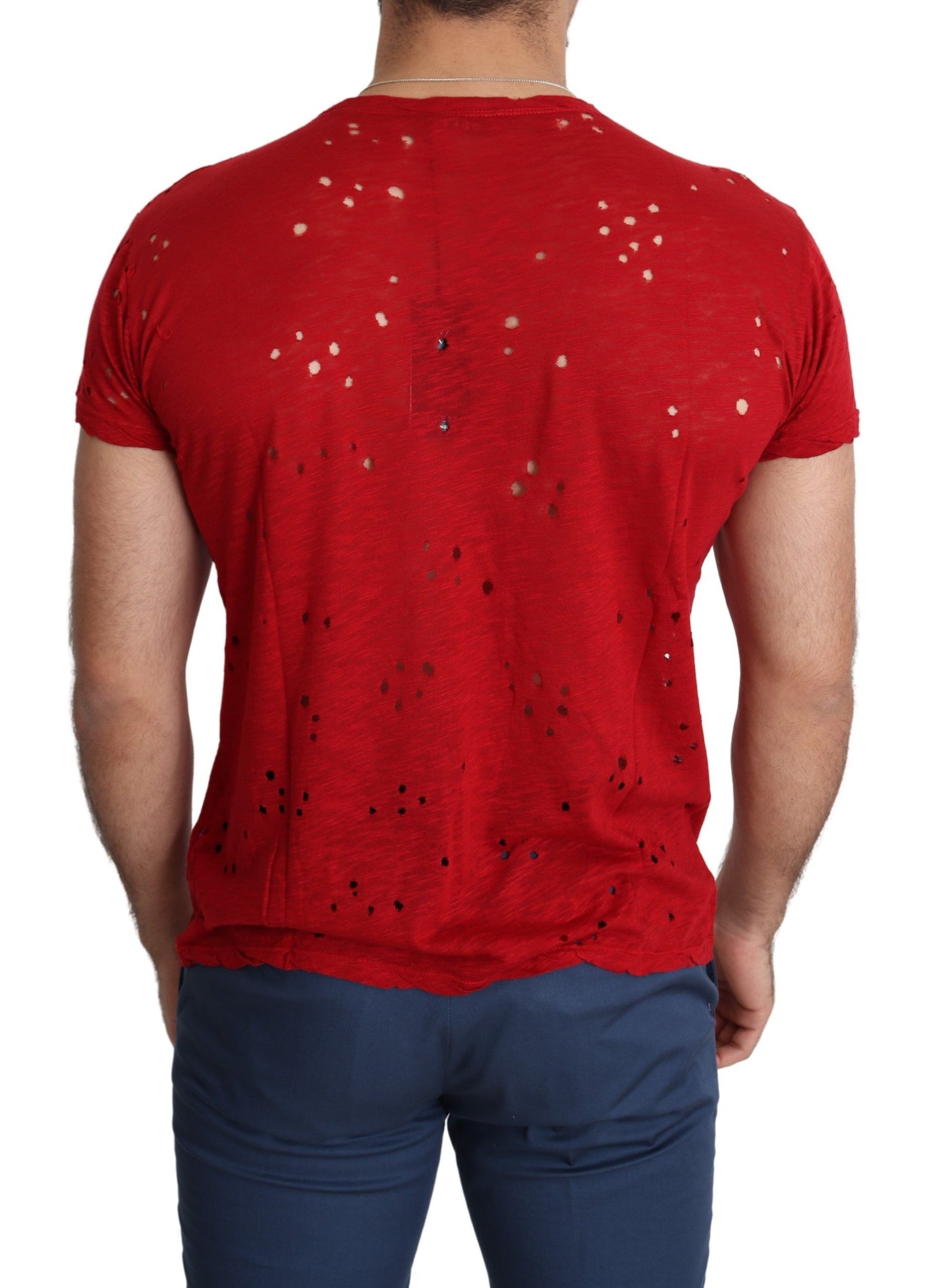 Guess – Rotes, perforiertes T-Shirt aus Baumwolle mit Logo-Print für Herren