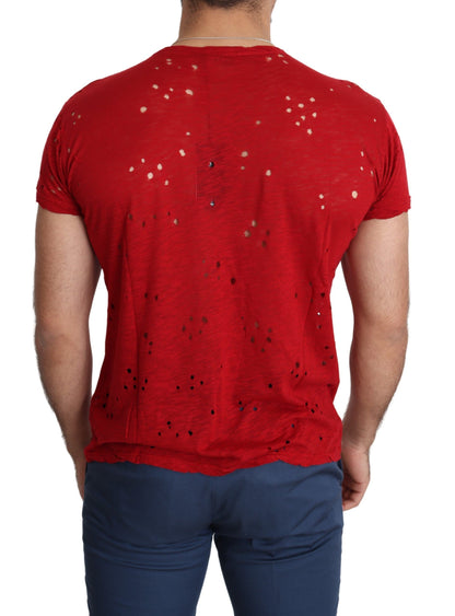 Guess – Rotes, perforiertes T-Shirt aus Baumwolle mit Logo-Print für Herren