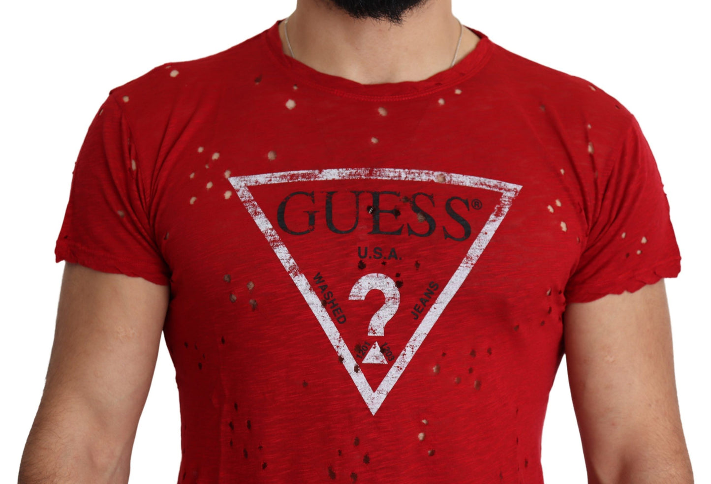 Guess – Rotes, perforiertes T-Shirt aus Baumwolle mit Logo-Print für Herren