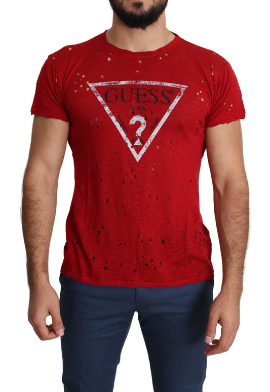Guess – Rotes, perforiertes T-Shirt aus Baumwolle mit Logo-Print für Herren