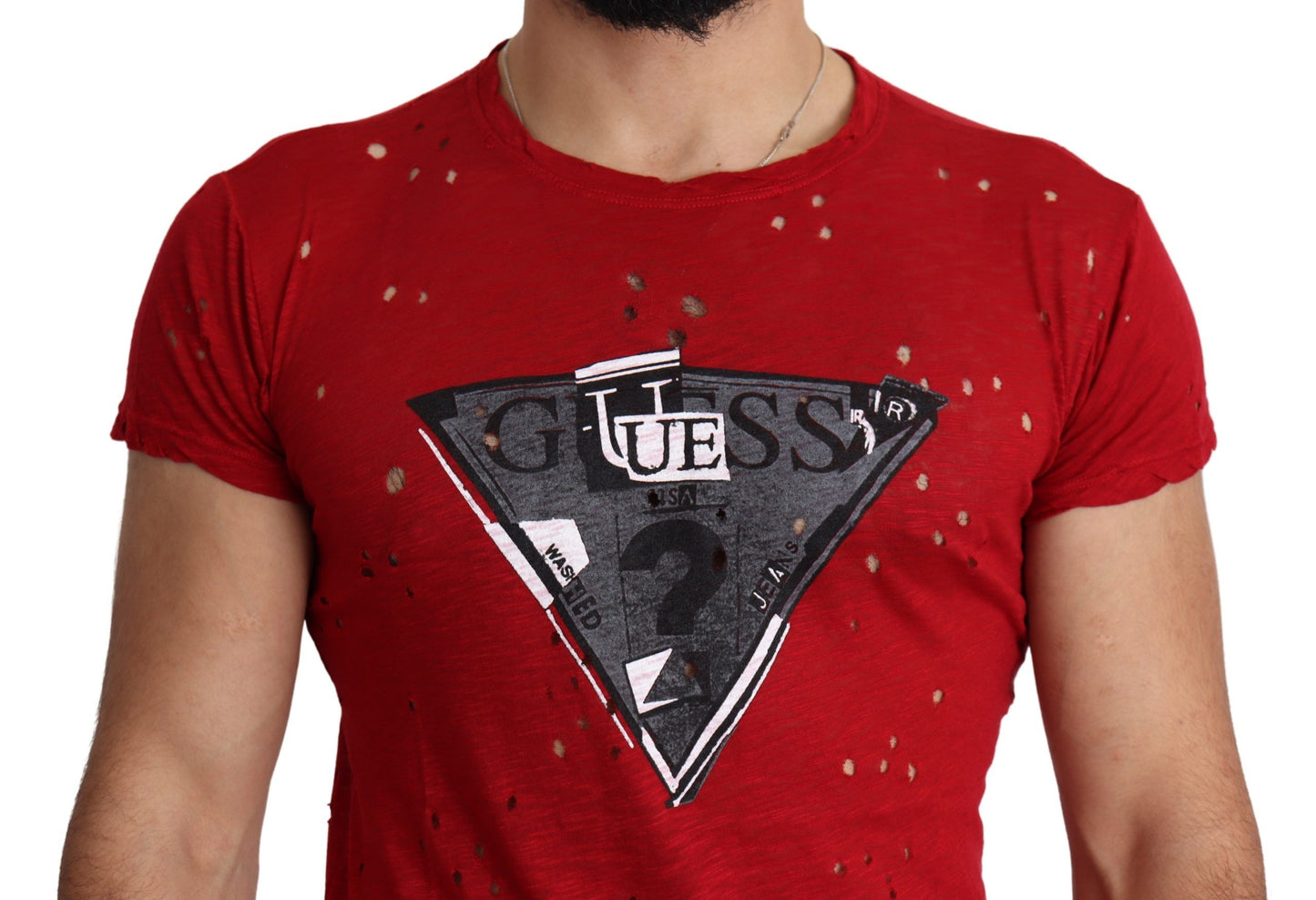 Guess – Rotes, perforiertes T-Shirt aus Baumwolle mit Logo-Print für Herren