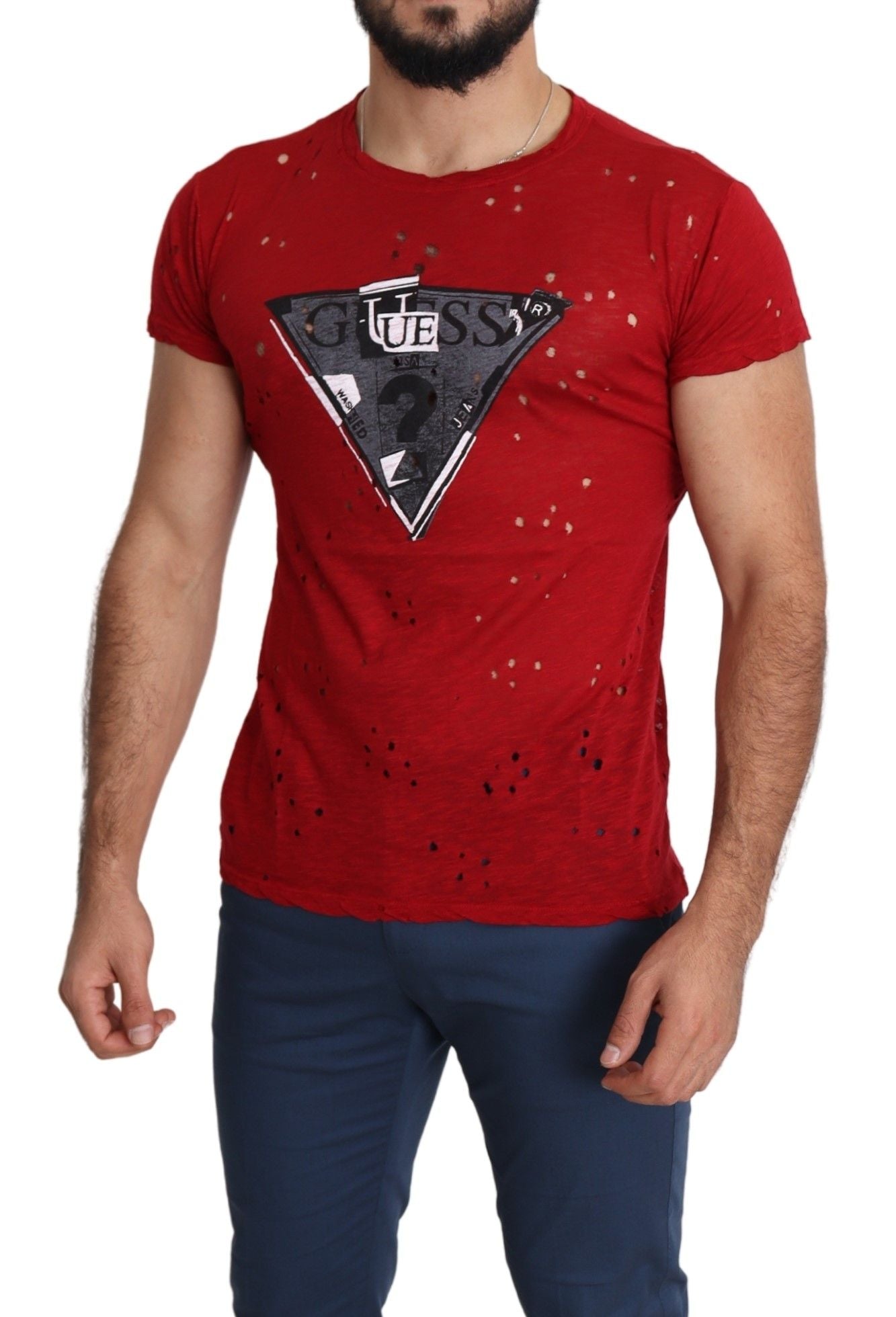 Guess – Rotes, perforiertes T-Shirt aus Baumwolle mit Logo-Print für Herren