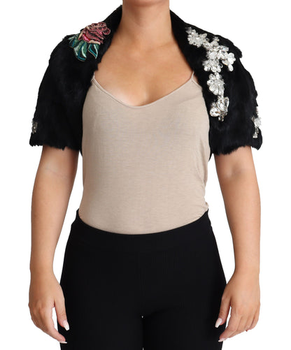 Dolce &amp; Gabbana – Schwarzer Mantel aus Kaninchenfell mit Kristallen und Pailletten