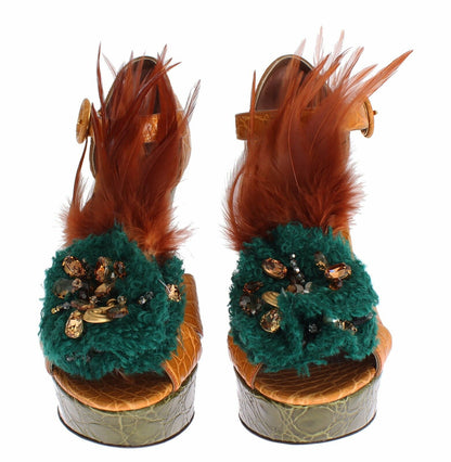 Dolce &amp; Gabbana – Orangefarbene Plateau-Sandalen aus Leder mit Kristallen