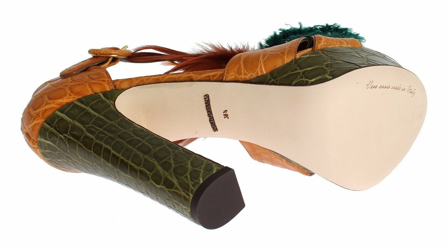 Dolce &amp; Gabbana – Orangefarbene Plateau-Sandalen aus Leder mit Kristallen