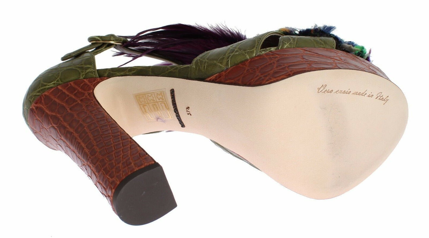 Dolce &amp; Gabbana – Grüne Plateausandalen aus Leder mit Kristallen