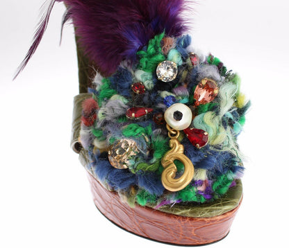 Dolce &amp; Gabbana – Grüne Plateausandalen aus Leder mit Kristallen