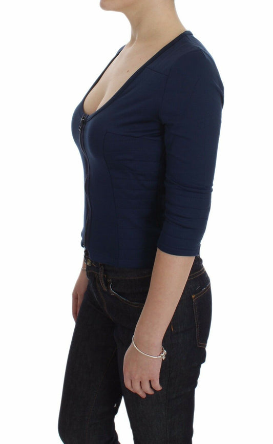 Exte Blue Cotton Top Zipper Deep Crew-neck Sweater