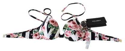 Dolce &amp; Gabbana – Mehrfarbig gestreifte Bikinioberteile mit Rosenprint