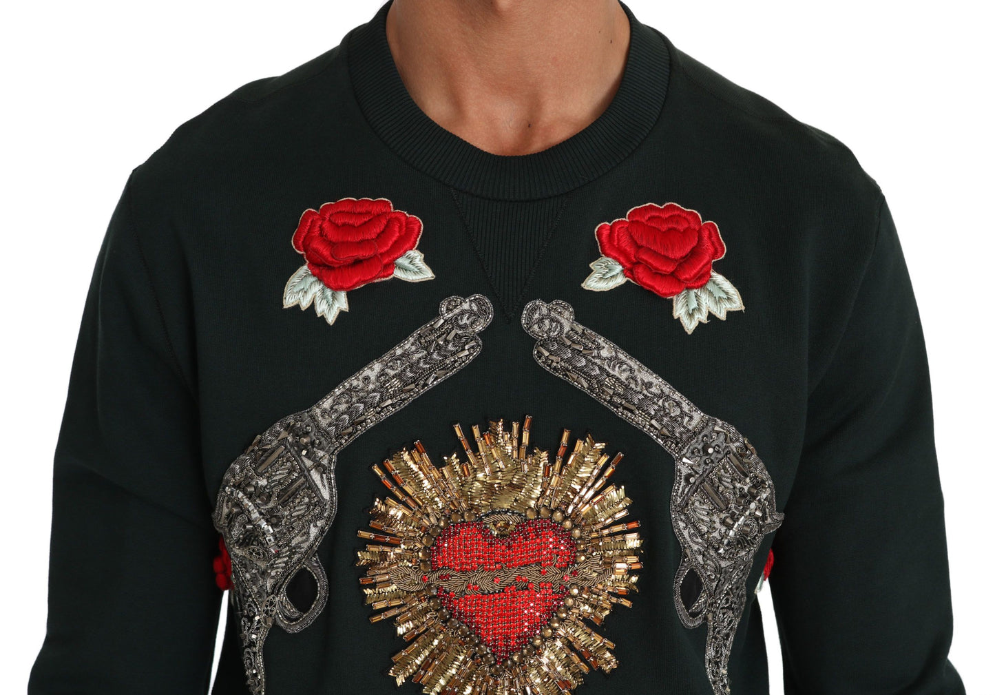 Dolce &amp; Gabbana Grüner Pullover mit Kristallherz und Rosen