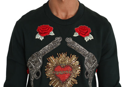 Dolce &amp; Gabbana Grüner Pullover mit Kristallherz und Rosen