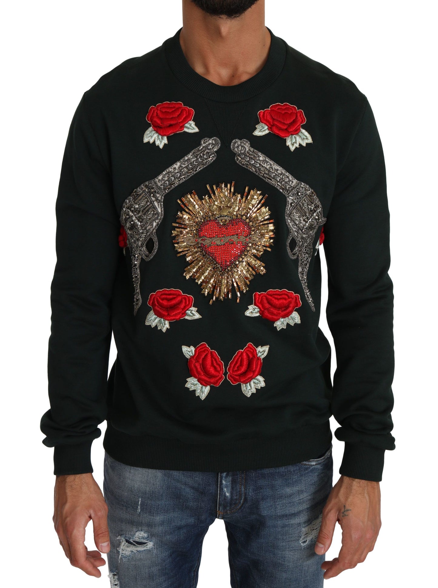 Dolce &amp; Gabbana Grüner Pullover mit Kristallherz und Rosen