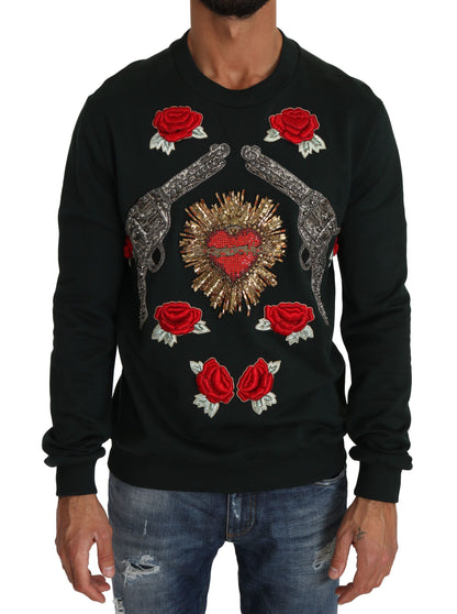 Dolce &amp; Gabbana Grüner Pullover mit Kristallherz und Rosen