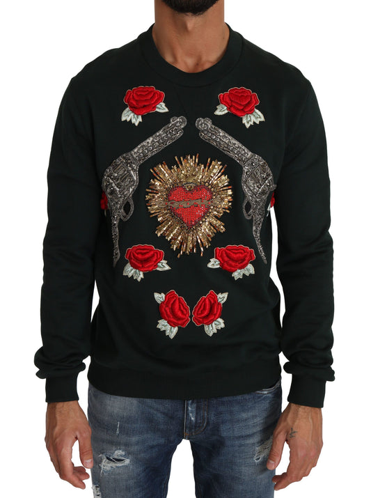 Dolce &amp; Gabbana Grüner Pullover mit Kristallherz und Rosen