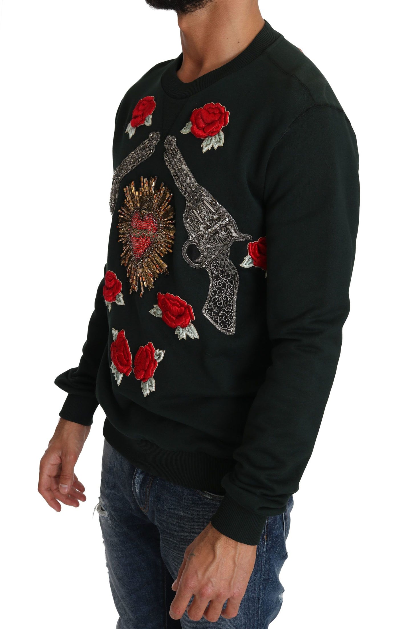 Dolce &amp; Gabbana Grüner Pullover mit Kristallherz und Rosen