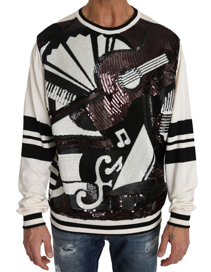 Dolce &amp; Gabbana Weißer Jazz-Pullover mit Pailletten und Gitarre