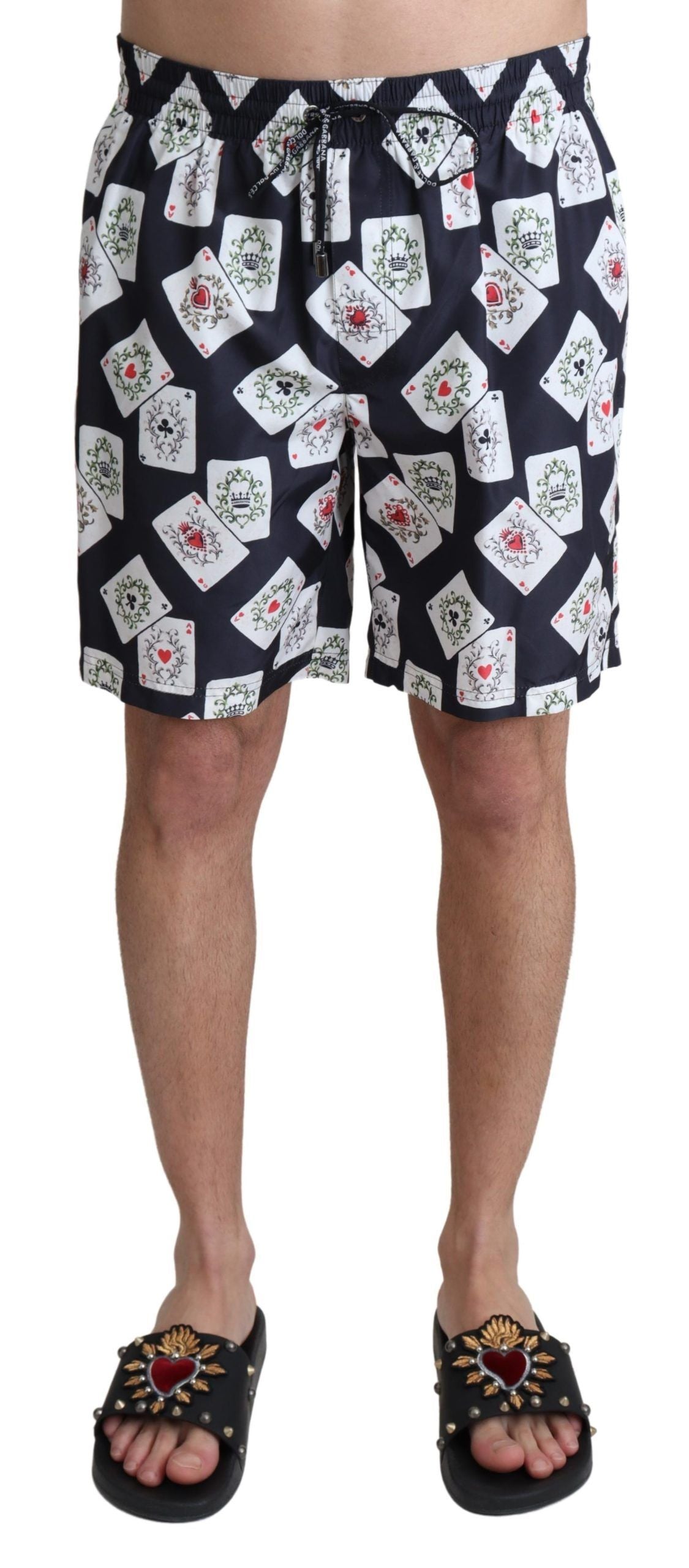 Dolce &amp; Gabbana – Schwarze Strand-Badeshorts mit Kartenspiel-Print