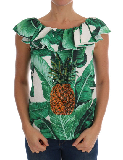 Dolce &amp; Gabbana – Blusen-T-Shirt mit Ananas- und Bananen-Paillettenmuster