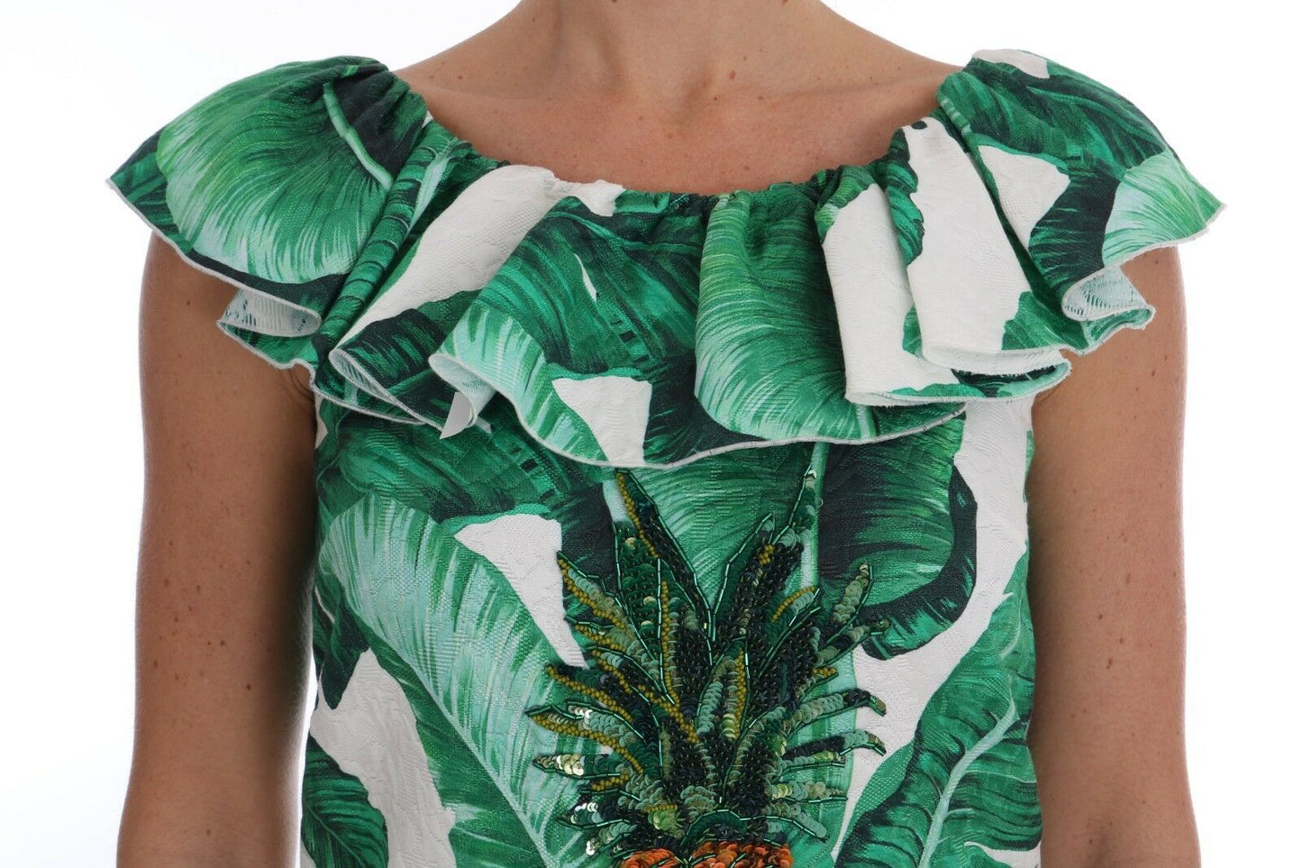 Dolce &amp; Gabbana – Blusen-T-Shirt mit Ananas- und Bananen-Paillettenmuster