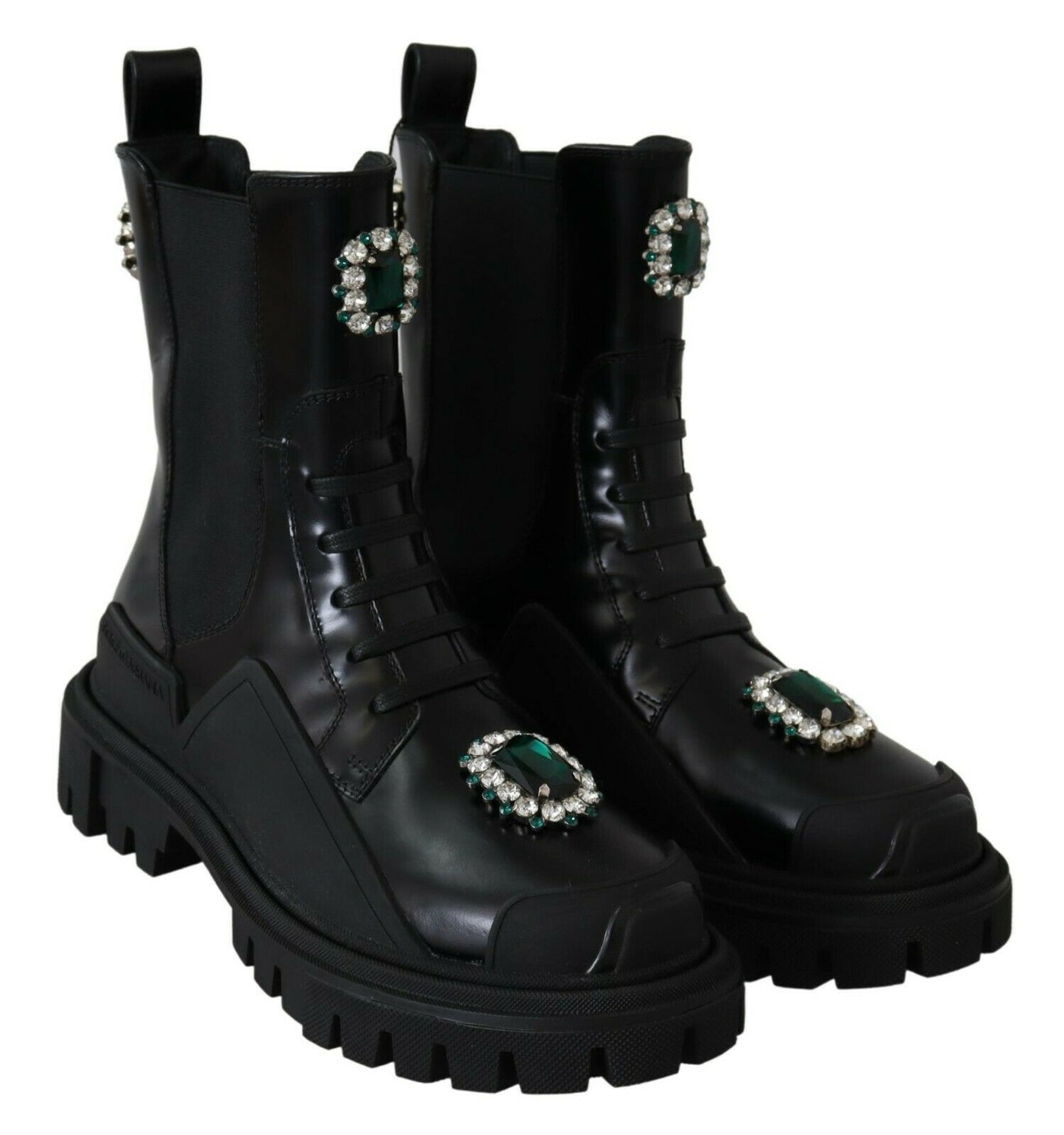 Dolce &amp; Gabbana – Schwarze Kampfstiefel aus Leder mit Kristallen