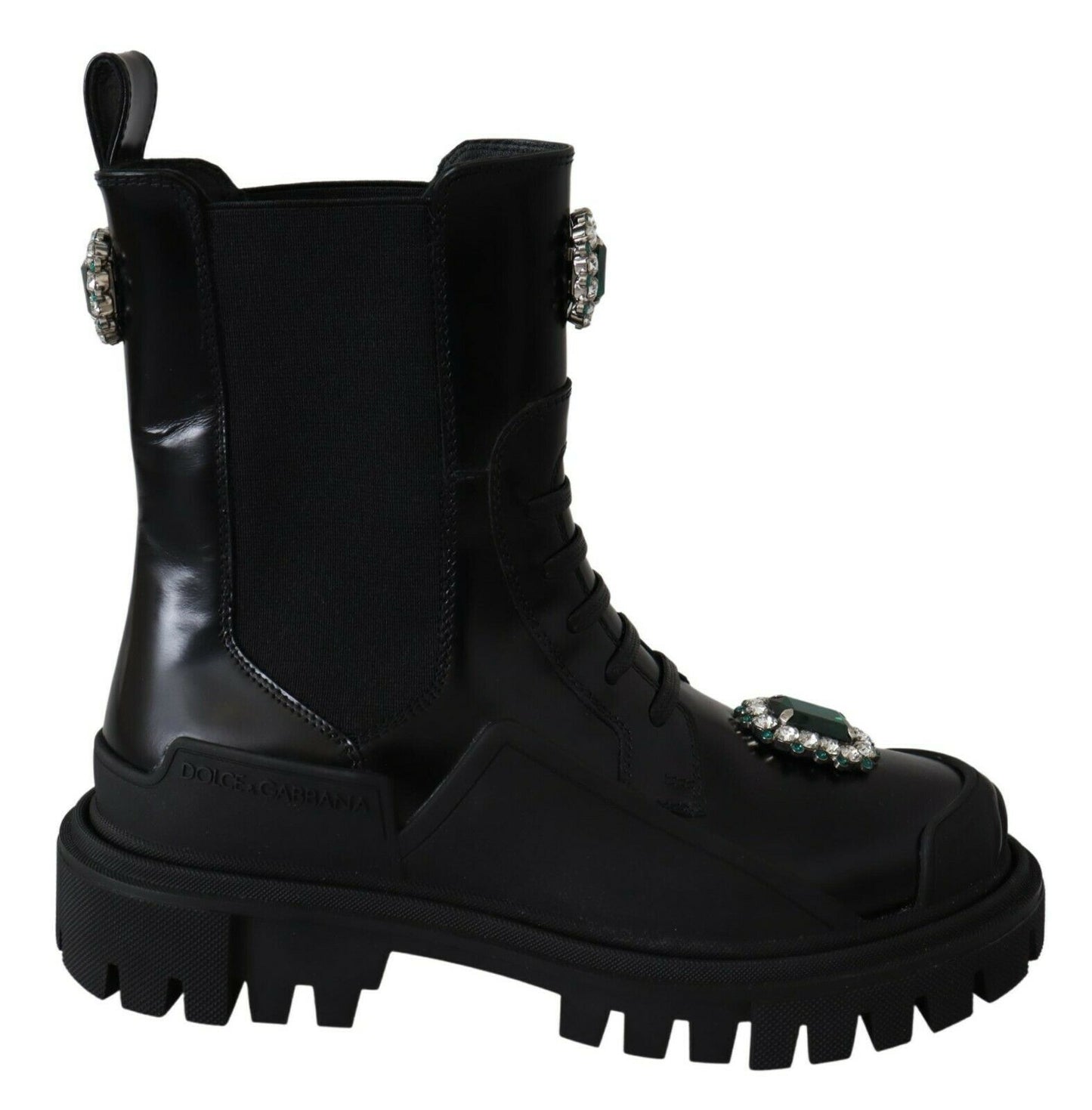 Dolce &amp; Gabbana – Schwarze Kampfstiefel aus Leder mit Kristallen