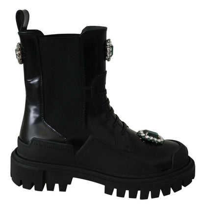 Dolce &amp; Gabbana – Schwarze Kampfstiefel aus Leder mit Kristallen
