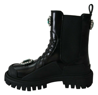 Dolce &amp; Gabbana – Schwarze Kampfstiefel aus Leder mit Kristallen