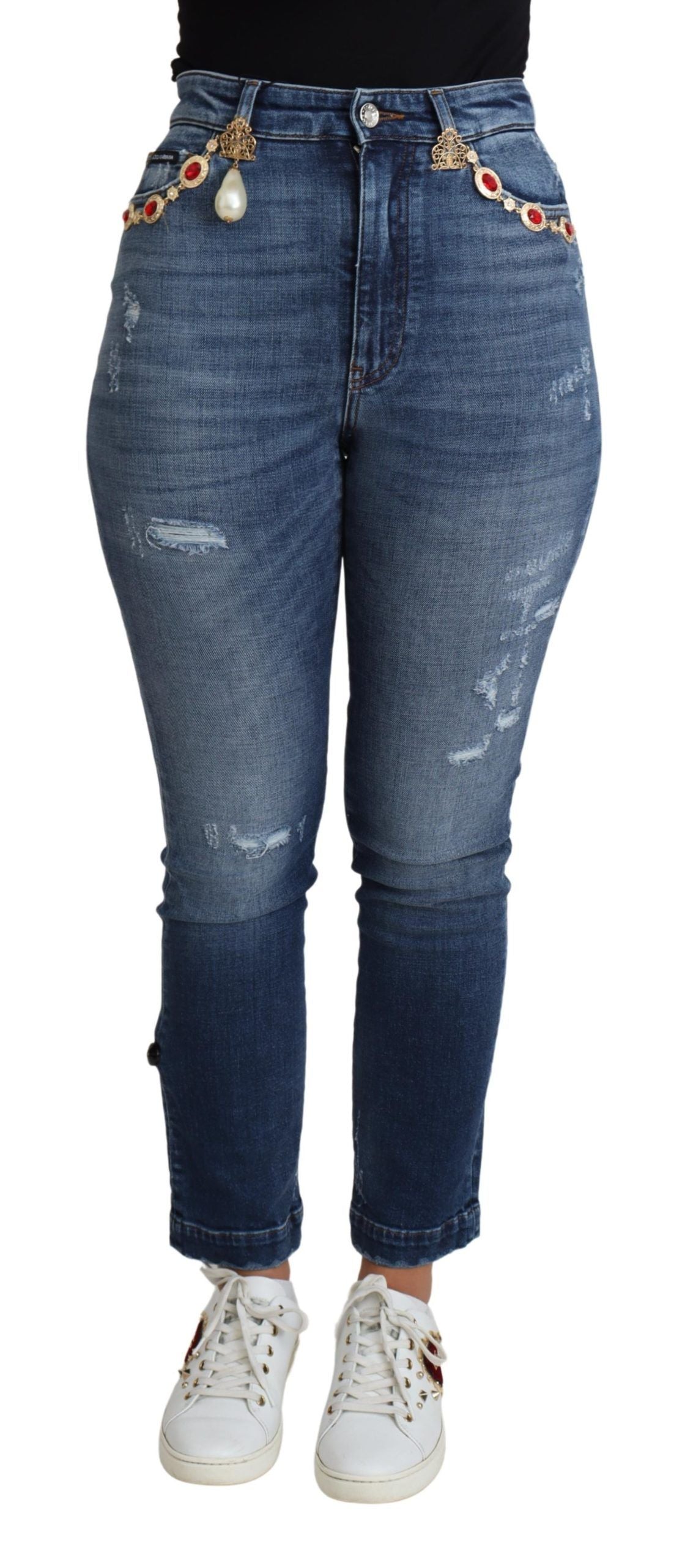 Dolce &amp; Gabbana – Blaue, verzierte Skinny-Jeans aus Baumwolle
