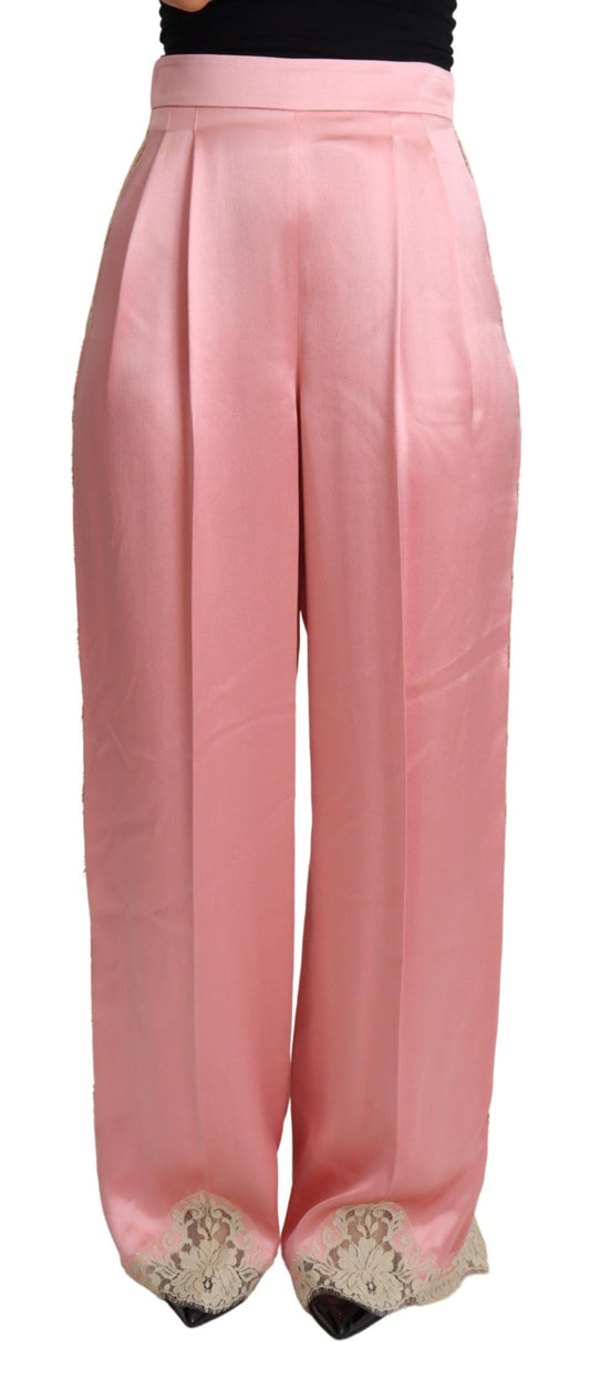 Dolce &amp; Gabbana – Hose aus Seidensatin mit weitem Bein und Spitzenbesatz in Rosa