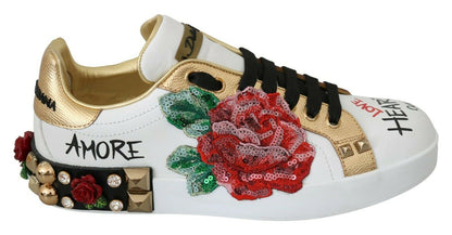 Dolce &amp; Gabbana Weiße Rosen Pailletten Kristall Damen Sneakers Schuhe