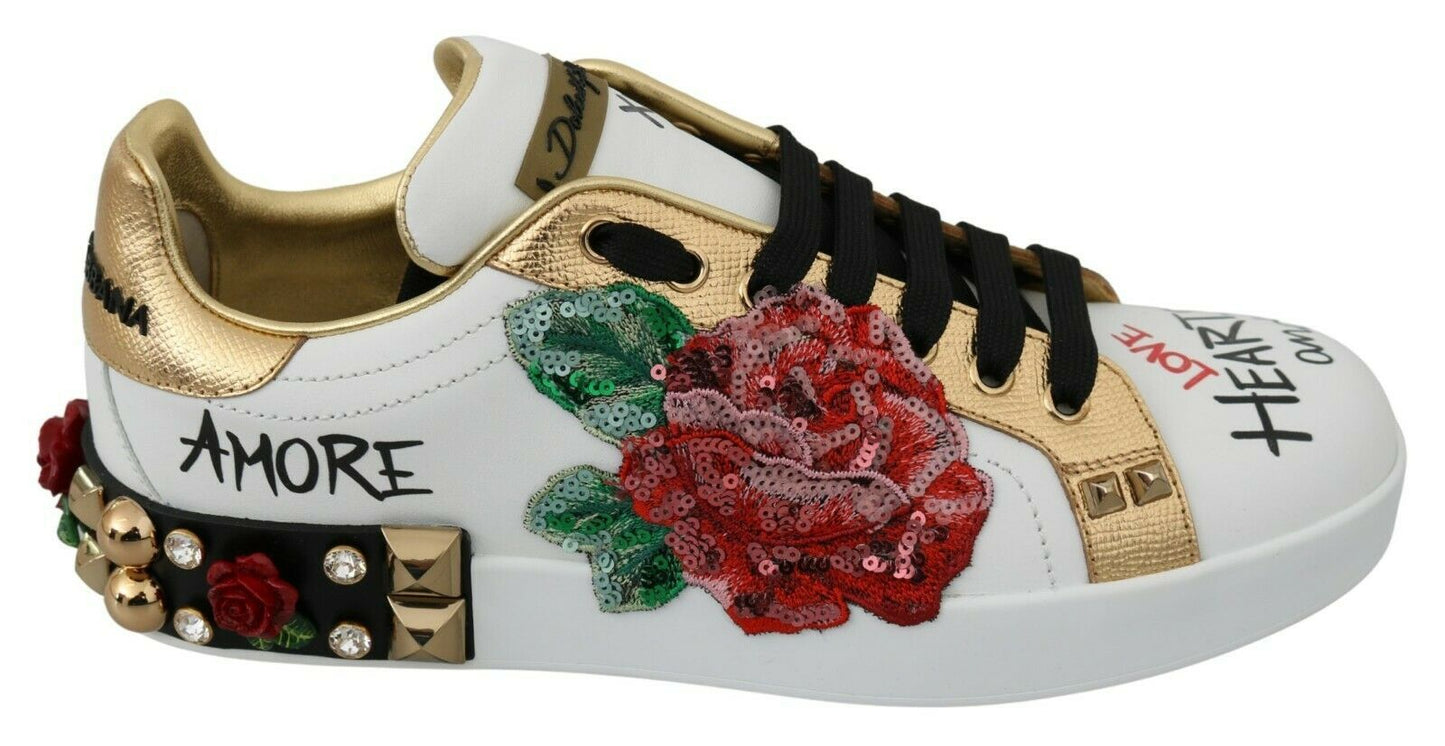 Dolce &amp; Gabbana Weiße Rosen Pailletten Kristall Damen Sneakers Schuhe