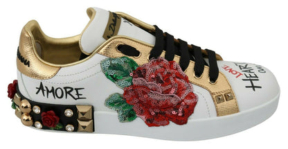 Dolce &amp; Gabbana Weiße Rosen Pailletten Kristall Damen Sneakers Schuhe