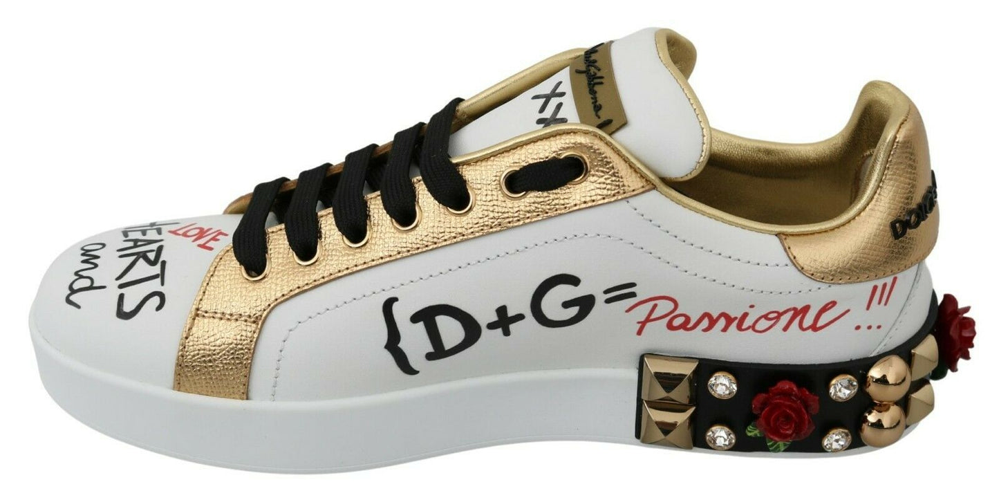 Dolce &amp; Gabbana Weiße Rosen Pailletten Kristall Damen Sneakers Schuhe