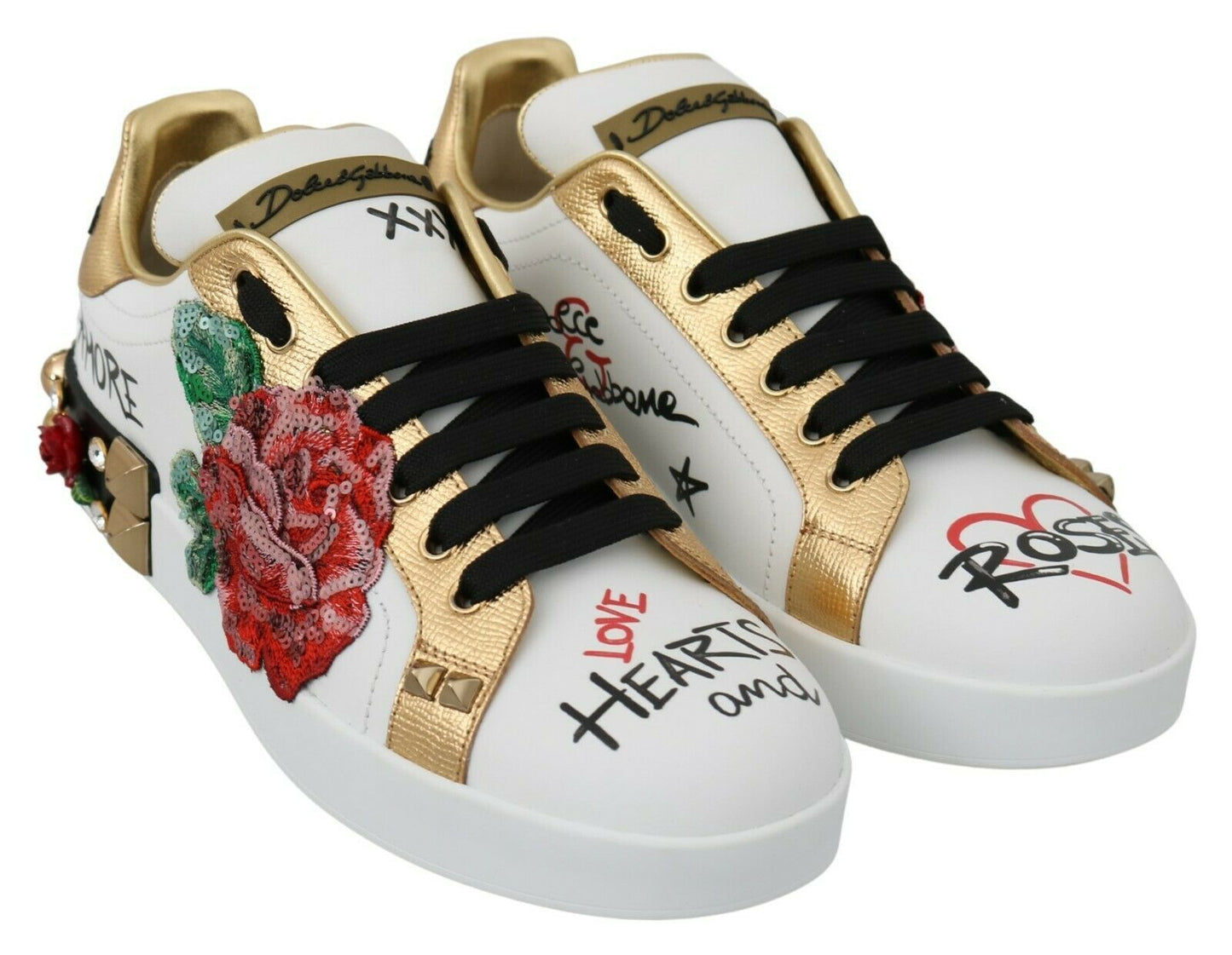 Dolce &amp; Gabbana Weiße Rosen Pailletten Kristall Damen Sneakers Schuhe