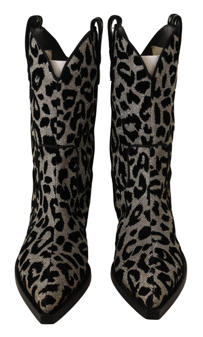 Dolce &amp; Gabbana Grau Schwarz Leopard Cowboy Stiefel Schuhe