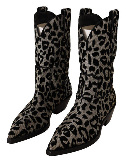 Dolce &amp; Gabbana Grau Schwarz Leopard Cowboy Stiefel Schuhe
