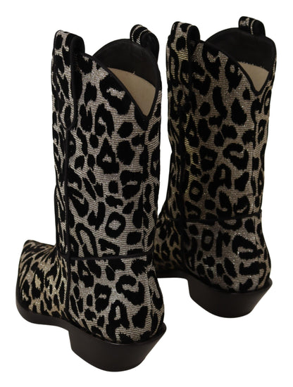 Dolce &amp; Gabbana Grau Schwarz Leopard Cowboy Stiefel Schuhe