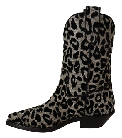Dolce &amp; Gabbana Grau Schwarz Leopard Cowboy Stiefel Schuhe