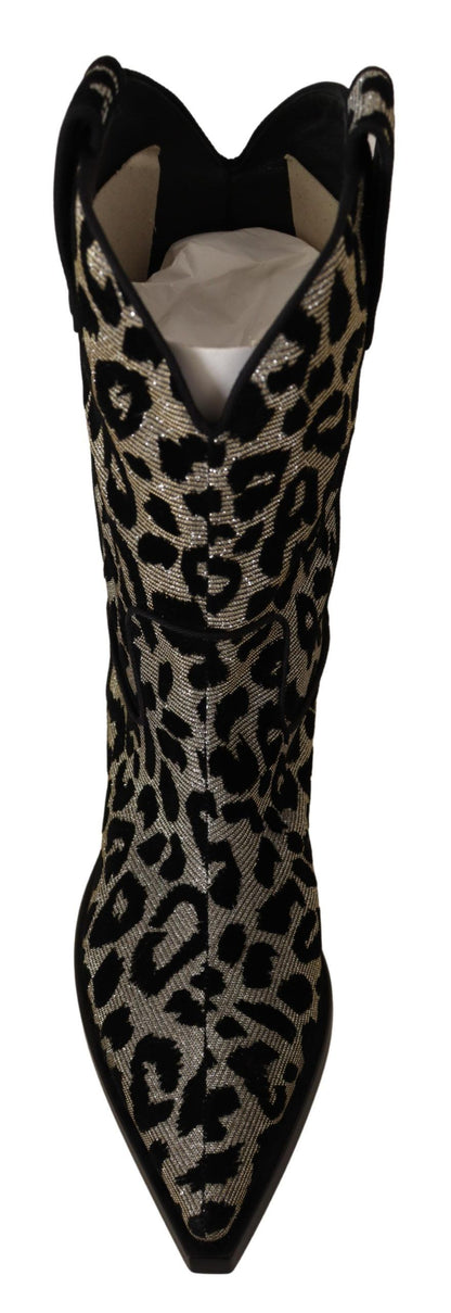 Dolce &amp; Gabbana Grau Schwarz Leopard Cowboy Stiefel Schuhe