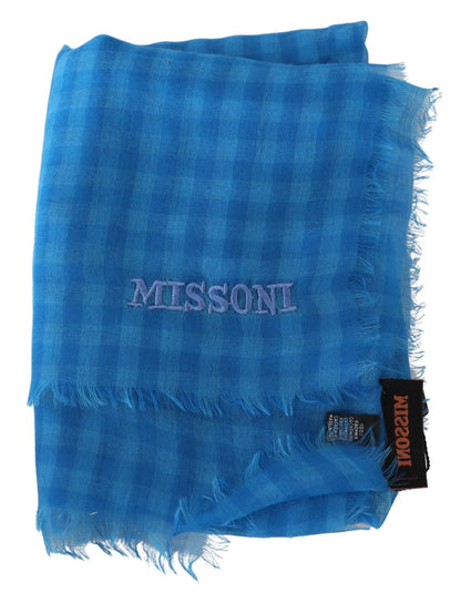 Missoni Blau karierter Unisex-Wickelschal aus Kaschmir mit Fransen