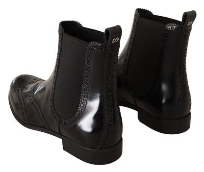 Dolce &amp; Gabbana Schwarze Leder Knöchelhohe Flache Stiefel Schuhe