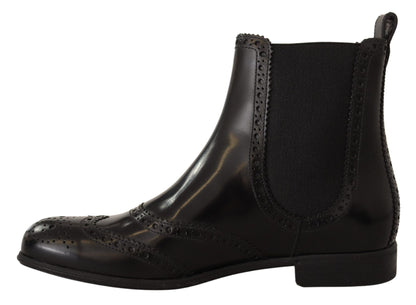 Dolce &amp; Gabbana Schwarze Leder Knöchelhohe Flache Stiefel Schuhe